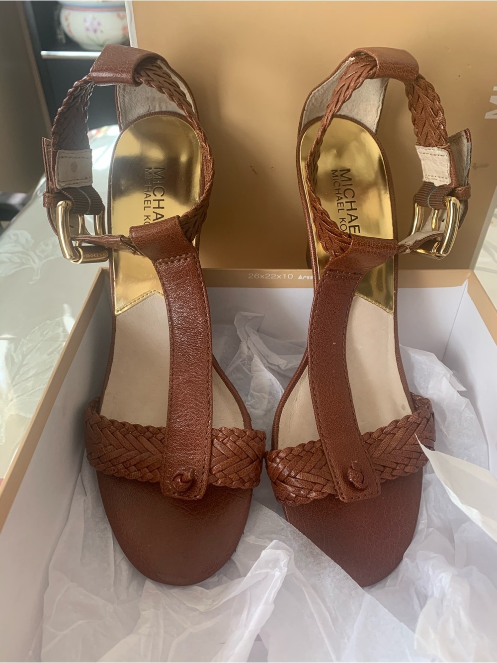 Michael Kors Brown Braided T-Strap Heeled Sandals with Gold Accents